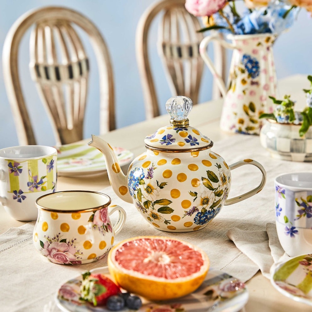 Brand New Mackenzie-Childs Yellow Wildflowers Enamel High Teapot & Cup, NWT - Picture 4 of 4